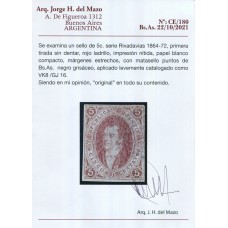 ARGENTINA 1864 GJ 16 ESTAMPILLA RIVADAVIA DE 1ra TIRADA NITIDO Y SIN DENTAR CON SUS 4 MARGENES Y DE MUY BUENA CALIDAD CON CERTIFICADO DE AUTENTICIDAD MUY RARO Y DE LUJO U$ 300